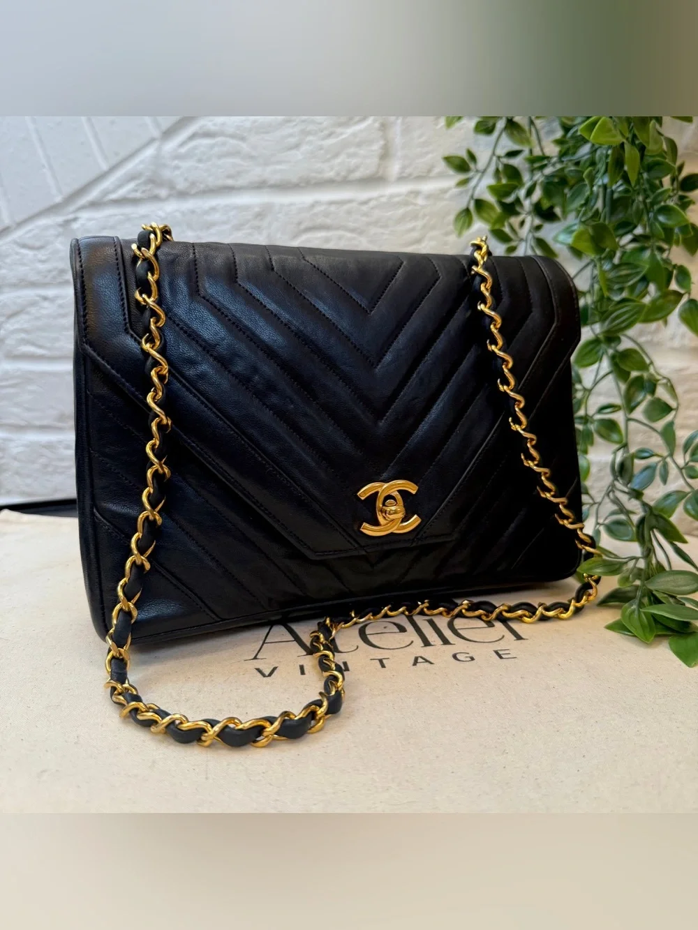 CHANEL Rare Early‑80s Chevron Lambskin Turnlock Envelope Bag 24K Gold‑Plated